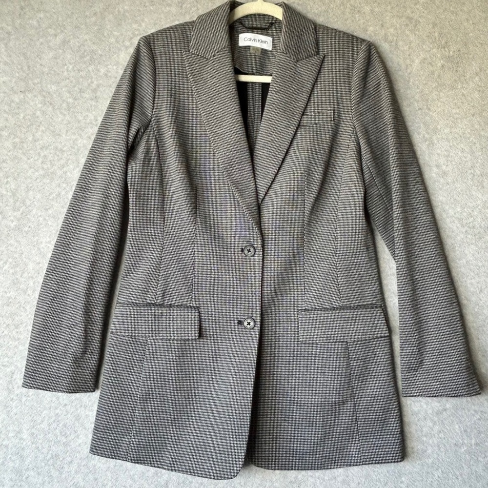 Calvin Klein Women Houndstooth Blazer Jacket Black White Sz 6 Classic Y2K Preppy